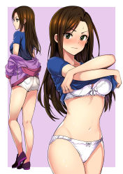 Rule 34 | 1girl, absurdres, ass, blouse, blue shirt, blush, bra, breasts, closed mouth, clothes lift, full body, green eyes, highres, idolmaster, idolmaster cinderella girls, large breasts, lifted by self, long hair, looking at viewer, mukai takumi, multiple views, panties, parted bangs, pukara, purple background, shirt, shirt lift, short shorts, shorts, thighs, underwear, undressing, white bra, white panties