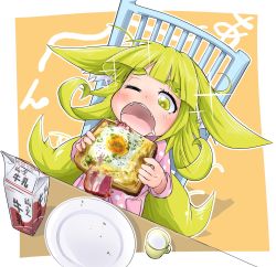 Rule 34 | 1girl, animal ears, bacon, blonde hair, blunt bangs, blush, bread slice, chair, child, cup, doitsuken, drooling, eating, egg (food), fangs, food, fox ears, fox girl, fox tail, fried egg, fried egg on toast, from above, highres, holding, holding food, long sleeves, looking down, medium hair, messy hair, milk, milk carton, multiple tails, one eye closed, open mouth, orange background, original, pajamas, pink pajamas, plate, polka dot, polka dot pajamas, short eyebrows, sitting, solo, sparkle, table, tail, thick eyebrows, toast, two tails, yellow eyes