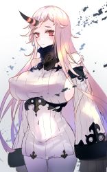 Rule 34 | 1girl, absurdres, abyssal ship, blush, breasts, closed mouth, covered erect nipples, detached sleeves, dress, gradient hair, highres, horns, kantai collection, large breasts, long hair, looking at viewer, multicolored hair, o-sirius, pale skin, purple hair, red eyes, ribbed dress, seaport princess, short dress, sideboob, simple background, single horn, solo, very long hair, white dress, white hair