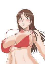 Rule 34 | 1girl, bikini, blush, breasts, breasts out, brown eyes, brown hair, covered erect nipples, embarrassed, from below, kamisama dolls, large breasts, lips, long hair, looking at viewer, misnon the great, nipples, parted bangs, parted lips, puffy nipples, red bikini, shiba hibino, simple background, solo, swimsuit, untied bikini, upper body, wardrobe malfunction, white background, wide hips