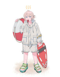 Rule 34 | 1boy, blowing whistle, blue eyes, brown hair, coat, collarbone, commentary, drawstring, english commentary, fate/grand order, fate (series), full body, hair bun, highres, holding, holding swim ring, innertube, lifebuoy, lifeguard, male focus, oberon (fate), oneroom-disco, pocket, rescue board, sandals, shorts, simple background, solo, standing, striped innertube, sweatdrop, swim ring, whistle, whistle around neck, white background, white coat, white shorts