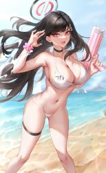 Rule 34 | 1girl, absurdres, bare shoulders, beach, bikini, black hair, blue archive, blue sky, blush, breasts, choker, cleavage, collarbone, gun, hair ornament, hairclip, halo, highres, hua-j, large breasts, long hair, looking at viewer, navel, open mouth, red eyes, rio (blue archive), shore, sky, smile, solo, swimsuit, thigh strap, thighs, weapon, white bikini