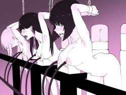 Rule 34 | 3girls, arms up, bdsm, black hair, blush, bondage, bound, breasts, chain, cuffs, kakuchou shoujo-kei trinary, lactation, long hair, milking machine, multiple girls, nipples, nude, open mouth, partially colored, spot color, tears