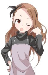 Rule 34 | 1girl, ;o, absurdres, black hairband, brown eyes, brown hair, commentary request, hairband, hand on own hip, hand up, highres, idolmaster, idolmaster (classic), long hair, long sleeves, minase iori, one eye closed, open mouth, simple background, turtleneck, white background, yamamoto souichirou