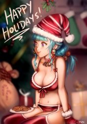 Rule 34 | 1girl, bad id, bad tumblr id, bell, blue hair, blunt bangs, blush, box, breasts, choker, christmas, christmas stocking, christmas tree, cleavage, commentary, cookie, earrings, food, fur trim, gift, gift box, gloves, hair bobbles, hair ornament, hat, jewelry, large breasts, lips, midriff, mistletoe, navel, neck bell, optionaltypo, original, plate, red choker, red gloves, red thighhighs, sack, santa hat, sitting, smile, solo, thighhighs