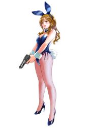 Rule 34 | 1girl, absurdres, animal ears, beretta 92, blue bow, blue bowtie, blue leotard, borrowed character, bow, bowtie, breasts, brown hair, cleavage, detached collar, fake animal ears, fishnet pantyhose, fishnets, full body, gun, handgun, high heels, highres, holding, holding gun, holding weapon, leotard, macosee, medium breasts, original, pantyhose, playboy bunny, rabbit ears, rabbit tail, red eyes, simple background, solo, standing, strapless, strapless leotard, tail, wavy hair, weapon, weapon request, white background, wrist cuffs