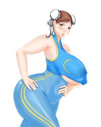 Rule 34 | 1girl, alternate costume, ass, blush, breasts, brown eyes, brown hair, capcom, chun-li, curvy, double bun, hair bun, highres, hip focus, huge breasts, huge nipples, large breasts, legs, makeup, mature female, nipples, parted lips, puffy nipples, see-through, short hair, solo, spandex, street fighter, superboin, thick thighs, thighs, tight clothes, wide hips