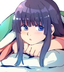 Rule 34 | 1girl, alternate hair color, anarogumaaa, bad id, bad pixiv id, blue eyes, blush, chestnut mouth, colored eyelashes, cover, face, hime cut, houraisan kaguya, long hair, long sleeves, looking to the side, lying, on stomach, parted lips, pillow, purple hair, simple background, solo, touhou, white background