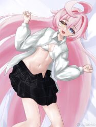 Rule 34 | 1girl, ahoge, artist request, blue archive, blue eyes, breasts, heterochromia, highres, hoshino (blue archive), long hair, long sleeves, looking at viewer, navel, non-web source, open mouth, pink hair, shirt, simple background, skirt, small breasts, smile, solo, source request, yellow eyes