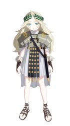 Rule 34 | 1girl, armor, blonde hair, blue eyes, check commentary, commentary, commentary request, full body, gladius, greco-roman clothes, highres, laurel crown, long hair, mabera, original, roman clothes, roman empire, sandals, scabbard, sheath, sheathed, solo, toga, white background