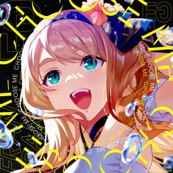 Rule 34 | 1girl, :d, absurdres, album cover, black background, black choker, blonde hair, blue eyes, blue hairband, blush, choker, cover, detached sleeves, dot nose, dress, english text, flower, fran (idoly pride), hair flower, hair ornament, hairband, highres, idoly pride, looking ahead, official art, open mouth, orange flower, parted bangs, portrait, qp:flapper, short sleeves, sidelocks, simple background, smile, solo, strapless, strapless dress, teeth, upper teeth only, water drop, wavy hair, white dress