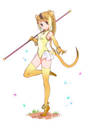 Rule 34 | 10s, 1girl, animal ears, anklet, blonde hair, bracelet, brown hair, brown thighhighs, circlet, closed mouth, elbow gloves, frills, from side, full body, gloves, golden snub-nosed monkey (kemono friends), gradient hair, grass, high ponytail, holding, holding staff, jewelry, kemono friends, knee up, leotard, long hair, looking at viewer, monkey ears, monkey tail, multicolored hair, ponytail, sidelocks, simple background, smile, solo, staff, standing, tail, tanaka (colorcorn), thighhighs, white background, yellow gloves, yellow leotard, yellow thighhighs