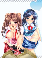 Rule 34 | 2girls, apron, belt, blush, bow, bowtie, breasts, heart, heart background, highres, kusunoki rin, large breasts, looking at viewer, multiple girls, nipples, open mouth, original, panties, panty pull, skirt, smile, sweat, thighhighs, underwear, undressing, unzipped