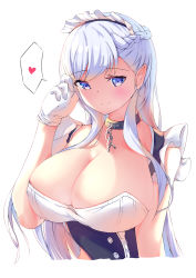 Rule 34 | 1girl, azur lane, belfast (azur lane), blue dress, blue eyes, blush, braid, breasts, broken, broken chain, chain, choker, cleavage, closed mouth, commentary, dress, eyelashes, french braid, gloves, heart, highres, large breasts, long hair, looking at viewer, maid, maid headdress, ryoutsu, silver hair, simple background, sleeveless, sleeveless dress, smile, solo, spoken heart, upper body, white background, white gloves