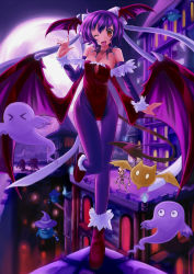 Rule 34 | &gt; &lt;, 1girl, breasts, capcom, demon, closed eyes, ghost, hat, head wings, highres, hoshi no gen, leotard, lilith aensland, medium breasts, no nose, one eye closed, pantyhose, red leotard, skeleton, smile, solo, tail, vampire (game), wings, wink, witch hat