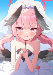 Rule 34 | 1girl, alternate costume, azel (laevateinn495), black wings, blue archive, blue background, blush, dress, feathered wings, flat chest, hair between eyes, halo, head wings, highres, jewelry, koharu (blue archive), long hair, looking at viewer, open mouth, pink eyes, pink hair, ring, simple background, smile, solo, twintails, wedding dress, wedding ring, white dress, wings