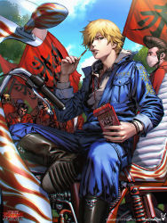 Rule 34 | 6+boys, absurdres, black footwear, black hair, blonde hair, blue eyes, blue jacket, blue sky, boots, brand name imitation, day, delinquent, dong-wook shin, eating, flag, flame decal, food, gang road joker, hair over one eye, hand up, hat, headband, highres, holding, holding food, jacket, knee boots, long sleeves, looking at viewer, male focus, mask, motor vehicle, motorcycle, mouth hold, mouth mask, multiple boys, outdoors, pocket, pocky, purple hat, red jacket, sideburns, sitting, sky, tree, wristband, zipper