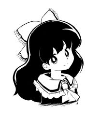 Rule 34 | 1980s (style), 1girl, ascot, bad id, bad twitter id, bow, closed mouth, collared vest, commentary request, face, frilled bow, frills, greyscale, hair bow, hakurei reimu, happy, head tilt, highres, long hair, monochrome, oldschool, retro artstyle, simple background, smile, takemoto izumi (style), touhou, vest, white background, yatyou
