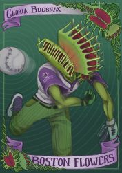 Rule 34 | 1other, absurdres, baseball, baseball glove, blaseball, character name, colored skin, commentary, english commentary, gloria bugsnax, green background, green skin, highres, lira anubis, motion blur, pitching, plant, purple legwear, shoes, sportswear, venus flytrap