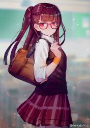Rule 34 | 1girl, alternate costume, bad id, bad pixiv id, bag, blunt bangs, blurry, blush, braid, closed mouth, collared shirt, cowboy shot, depth of field, french braid, from side, girls&#039; frontline, glasses, hair ribbon, half updo, hanato (seonoaiko), hand up, holding, holding bag, long hair, looking at viewer, one side up, plaid, plaid skirt, pleated skirt, purple hair, red-framed eyewear, red eyes, ribbon, school bag, school uniform, shirt, skirt, sleeves past elbows, sleeves rolled up, solo, standing, strap, striped clothes, striped shirt, sweater vest, uniform, wa2000 (girls&#039; frontline), white shirt, wristband