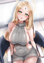 Rule 34 | 1girl, absurdres, alternate costume, ayumu (blue archive), black wings, blonde hair, blue archive, blush, breasts, collarbone, covered navel, facial mark, feathered wings, fluffyebi01, grey sweater, halo, head tilt, highres, large breasts, looking at viewer, meme attire, on chair, parted bangs, sideboob, sideless outfit, sitting, solo, sweater, twitter username, virgin killer sweater, wings