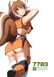 Rule 34 | 1girl, absurdres, animal ears, antenna hair, arc system works, ass, bare shoulders, blazblue, blush, breasts, brown eyes, brown hair, from behind, highres, large breasts, looking at viewer, makoto nanaya, miniskirt, mirano, multicolored hair, open mouth, shiny clothes, shiny skin, short hair, sideboob, skirt, solo, squirrel ears, squirrel tail, tail, thighhighs, thong