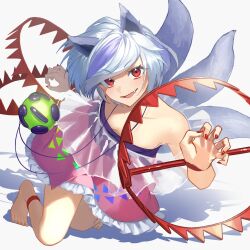 Rule 34 | 1girl, absurdres, animal ears, ankle cuffs, bare legs, barefoot, bear trap, commentary request, dog ears, dog tail, extra tails, fang, fingernails, frilled skirt, frills, grey hair, highres, jewelry, mitsugashira enoko, multicolored hair, multiple tails, necklace, otoshiro kosame, parted lips, pink skirt, purple hair, purple shirt, rainbow print, red eyes, shirt, short hair, simple background, skirt, solo, strapless, strapless shirt, tail, touhou, two-tone hair, white background, white hair