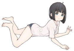 Rule 34 | 1girl, 1ssakawaguchi, ahoge, barefoot, black hair, blue eyes, blue shorts, blush, bob cut, closed mouth, commentary request, denim, denim shorts, feet, feet up, full body, highres, legs, looking at viewer, lying, on stomach, original, shirt, short hair, short shorts, short sleeves, shorts, simple background, smile, solo, toes, white background, white shirt