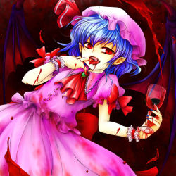 Rule 34 | 1girl, bat wings, blood, blue hair, blue nails, cube (pixiv), cup, female focus, hat, nail polish, pointy ears, red eyes, remilia scarlet, short hair, solo, touhou, wings