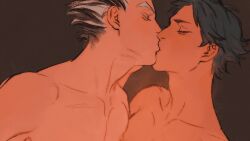 Rule 34 | 2boys, akaashi keiji, black hair, bokuto koutarou, brown background, chengongzi123, closed eyes, colored eyelashes, completely nude, facing another, grey hair, haikyuu!!, hand on another&#039;s cheek, hand on another&#039;s face, hand up, highres, kiss, male focus, multicolored hair, multiple boys, nude, short hair, simple background, streaked hair, thick eyebrows, upper body, very short hair, yaoi