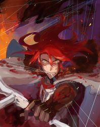 Rule 34 | 1boy, black gloves, blood, blood on clothes, bow (weapon), cape, failnaught (fate), fate/grand order, fate (series), fire, gloves, hair between eyes, holding, holding bow (weapon), holding weapon, long hair, male focus, mouth hold, red hair, royst, string, torn clothes, tristan (fate), weapon, yellow eyes