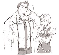 Rule 34 | 1boy, 1girl, absurdres, ace attorney, beard, belt, bow, bowtie, closed eyes, coat, collared shirt, cowboy shot, crossed arms, dick gumshoe, facial hair, franziska von karma, frown, gloves, greyscale, gwiga0, hand up, highres, long sleeves, mole, mole under eye, monochrome, necktie, pants, shirt, short hair, simple background, standing, sweatdrop, v-shaped eyebrows, vest