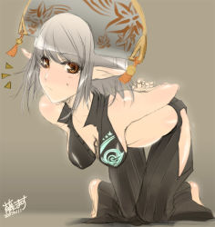 Rule 34 | 00s, 1girl, 2007, ^^^, arms behind back, barefoot, bowing, breasts, brown eyes, cleavage, feet, frown, grey background, grey hair, grey theme, hair ornament, hakama, hakama skirt, halterneck, hanging breasts, hat, japanese clothes, kneeling, leaning forward, looking at viewer, phantasy star, phantasy star universe, pointy ears, popped collar, shiny skin, signature, simple background, sketch, skirt, sleeveless, solo, sweat, sweatdrop, thomasz, unbuttoned, yellow eyes