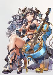 Rule 34 | 1girl, augusta (granblue fantasy), bare shoulders, bikini, black bikini, black bow, black footwear, black gloves, blue skirt, bow, bow (music), breasts, cello, cleavage, closed mouth, commentary, feather hair, feather hair ornament, feathers, gloves, granblue fantasy, hair ornament, himuro shunsuke, holding, holding instrument, horns, instrument, large breasts, leg strap, long hair, music, playing instrument, sitting, skirt, solo, swimsuit, thigh strap, underboob, yellow eyes
