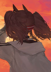 Rule 34 | 1girl, angelina (arknights), animal ears, arknights, arm up, backlighting, brown hair, coat, commentary, english commentary, evening, facing away, fox ears, from behind, highres, hood, hood down, hooded coat, long hair, long sleeves, mkrk mikaerukung, orange sky, outdoors, sky, solo, sunlight, twintails, upper body, white coat