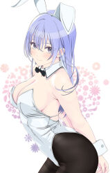 Rule 34 | 1girl, animal ears, arched back, armpit crease, arms behind back, bare arms, bare shoulders, black bow, black bowtie, black pantyhose, blue hair, blush, bow, bowtie, breasts, cleavage, closed mouth, commentary, cowboy shot, detached collar, fake animal ears, fingernails, floral background, flower (symbol), from side, hair between eyes, hairband, highleg, highleg leotard, highres, idolmaster, idolmaster shiny colors, kasumi seiki, large breasts, leotard, long hair, looking at viewer, looking to the side, pantyhose, playboy bunny, purple eyes, rabbit ears, smile, solo, standing, strapless, strapless leotard, suzuki hana, thighband pantyhose, white background, white hairband, white leotard, wrist cuffs