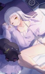 Rule 34 | 1girl, absurdres, bare legs, book, cardigan, closed mouth, collarbone, hands up, highres, hololive, long hair, long sleeves, looking at viewer, lying, morikome (moririce), murasaki shion, on bed, on side, one eye closed, open cardigan, open clothes, pillow, purple cardigan, shiokko (murasaki shion), shirt, simple background, skirt, sleeves past wrists, solo, spaghetti strap, virtual youtuber, white shirt, white skirt, yellow eyes