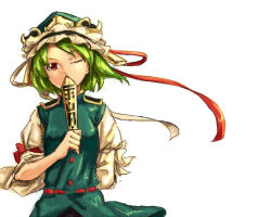 Rule 34 | 1girl, alternate eye color, arm behind back, covering own mouth, female focus, green hair, hat, looking at viewer, one eye closed, red eyes, rod of remorse, shibasaki shouji, shiki eiki, short hair, simple background, solo, touhou, white background, wink