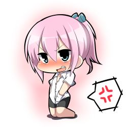 Rule 34 | 10s, 1girl, alternate costume, anger vein, blush, chibi, fang, gloves, gradient background, kantai collection, open mouth, pink hair, ponytail, shiranui (kancolle), simple background, solo, twumi, white background