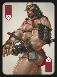 Rule 34 | 1boy, abs, armor, bara, biceps, brown hair, collar, closed eyes, facial hair, fundoshi, gauntlets, heart, helmet, japanese armor, japanese clothes, katana, male focus, male underwear, manly, mature male, muscular, muscular male, nipples, original, pectorals, sword, thick arms, thick thighs, thighs, tooboshoo, topless male, underwear, weapon