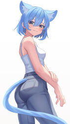 Rule 34 | 1girl, absurdres, animal ears, aoi zerii, bare arms, bare shoulders, blue eyes, blue hair, cat ears, cat tail, denim, extra ears, fang, grey pants, hair between eyes, highres, hololive, hoshimachi suisei, jeans, pants, star (symbol), star in eye, symbol in eye, tail, tank top, virtual youtuber, white background, white tank top