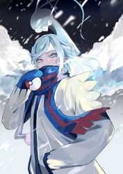 Rule 34 | 1boy, absurdres, altaria, androgynous, blue eyes, blue hair, blue mittens, blue scarf, coat, commentary request, covered mouth, creatures (company), eyelashes, floating hair, game freak, gen 3 pokemon, grusha (pokemon), hand in pocket, hand up, highres, holding, holding poke ball, kushiro kuki, long sleeves, looking at viewer, male focus, medium hair, mittens, multicolored hair, nintendo, parted bangs, poke ball, poke ball (basic), pokemon, pokemon (creature), pokemon sv, red scarf, scarf, scarf over mouth, sidelocks, snow, snowing, standing, streaked hair, striped clothes, striped scarf, swept bangs, teeth, two-tone scarf, upper teeth only, white coat