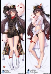 Rule 34 | 1girl, arm up, bare legs, barefoot, bed sheet, bikini, black bikini, black nails, blouse, blush, breasts, brown hair, coat, coattails, collared coat, collared shirt, colored tips, commentary, cuddly octopus, dakimakura (medium), english commentary, feet, flower, full body, furrowed brow, genshin impact, ghost, hair between eyes, hat ornament, highres, hu tao (genshin impact), hug, jewelry, long hair, long sleeves, looking at viewer, matrix16, medium breasts, multicolored hair, multiple views, nail polish, navel, no shoes, one eye closed, plum blossoms, red eyes, red shirt, ring, shirt, short sleeves, shorts, side-tie shirt, smile, socks, solo, star-shaped pupils, star (symbol), stomach, swimsuit, symbol-shaped pupils, tassel, teeth, thigh strap, thighs, toenail polish, toenails, twintails, upper teeth only, white shirt, white socks