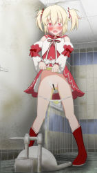 Rule 34 | ahoge, ayano rika, bar censor, bare shoulders, bathroom, blonde hair, blush, boots, censored, clothes lift, crying, detached sleeves, door, dress, dress lift, embarrassed, flat chest, full body, hair ornament, highres, indoors, knee boots, lifted by self, looking down, magia record: mahou shoujo madoka magica gaiden, mahou shoujo madoka magica, natsuki-s, open mouth, panties, panty pull, peeing, red dress, red eyes, red footwear, red sailor collar, sailor collar, short hair, squat toilet, standing, tears, toilet use, twintails, underwear, wet, wet clothes, wet panties, white panties