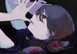 Rule 34 | 1girl, commentary request, food, food on face, grey hair, hair between eyes, highres, kajiwara 3, licking, licking finger, looking at viewer, original, partially submerged, profile, red eyes, short hair, signature, solo