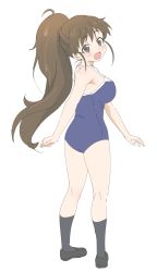 Rule 34 | 1girl, :d, breasts, brown eyes, brown hair, cleavage, full body, highres, large breasts, long hair, looking at viewer, looking back, one-piece swimsuit, open mouth, ponytail, school swimsuit, shoes, simple background, sincos, smile, socks, solo, swimsuit, taneshima popura, white background, working!!