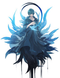 Rule 34 | 1boy, alternate form, bird, bird wings, black capelet, black robe, capelet, closed eyes, collarbone, commentary, eyes visible through hair, facing viewer, feathered wings, final fantasy, final fantasy xiv, full body, hair between eyes, hand on own chest, hermes (ff14), highres, hood, hood down, hooded capelet, male focus, mask, unworn mask, meteion, morumoru (kuromrmr), multiple wings, robe, short hair, simple background, solo, symbol-only commentary, white background, wide sleeves, wings