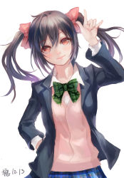 Rule 34 | 10s, 1girl, absurdres, black hair, blazer, bow, hair bow, hand in pocket, head tilt, highres, jacket, kamachi kamachi-ko, long sleeves, looking at viewer, love live!, love live! school idol project, m/, open clothes, open jacket, red eyes, school uniform, shirt, simple background, smile, solo, twintails, vest, white background, yazawa nico