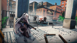 Rule 34 | 1girl, battle rifle, black dress, black thighhighs, breasts, building, cityscape, commission, day, dress, g3 (girls&#039; frontline), g3 (mod3) (girls&#039; frontline), girls&#039; frontline, gloves, gun, h&amp;k g3, highres, holding, holding gun, holding weapon, long hair, long sleeves, medium breasts, mod3 (girls&#039; frontline), on one knee, outdoors, partially fingerless gloves, persocon93, pillar, pixiv commission, railing, red gloves, rifle, scenery, solo focus, thighhighs, very long hair, weapon, white hair