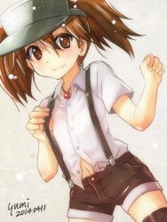 Rule 34 | 10s, 1girl, blush, brown eyes, brown hair, dated, kantai collection, long hair, looking at viewer, personification, ryuujou (kancolle), short sleeves, shorts, signature, skirt, solo, suspenders, twintails, visor cap, yumi yumi